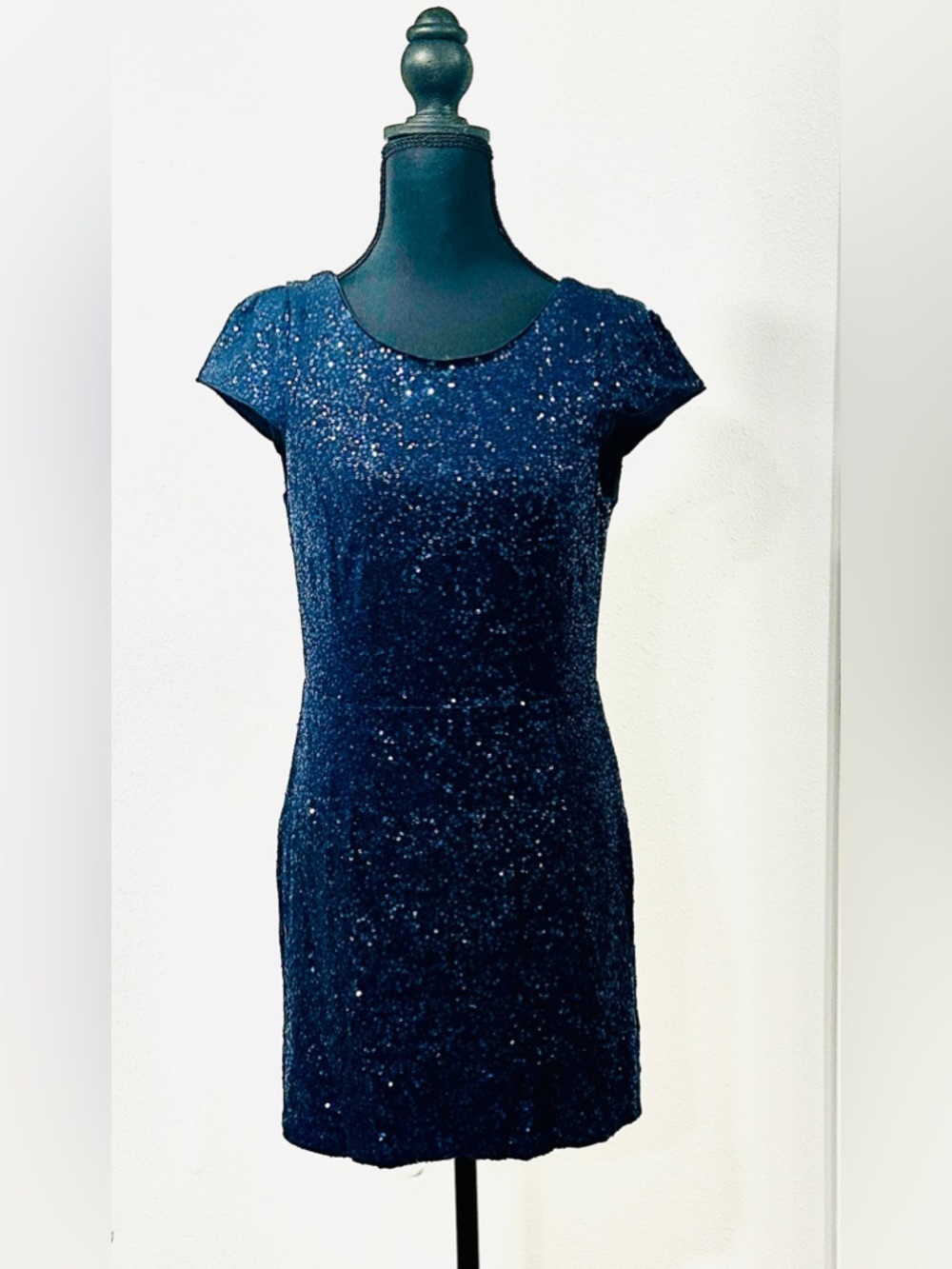 Slate & Willow - Elegant Navy Sequin Cap-Sleeve Dress